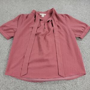 Monteau Womens Top Medium Red Polka Dots Tie Front Short Sleeve Loose Blouse